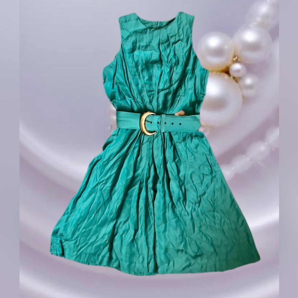 Vintage Teal Sleeveless Belted Jumpsuit with Gold Buckle